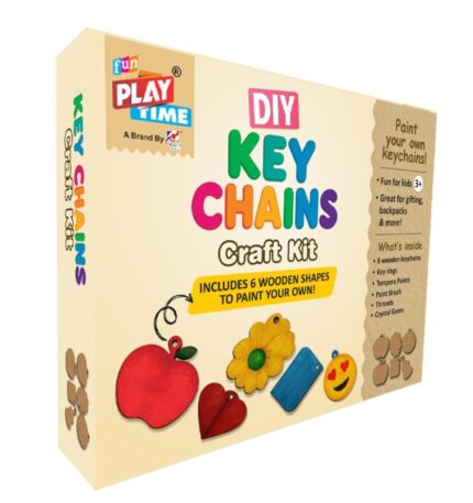 Play Time DIY Wooden Key Chain Craft Kit for Kids, 6 Shapes with Paint Set, Creative Art Activity for Ages 3+, Includes Crystal Gems and Key Rings
